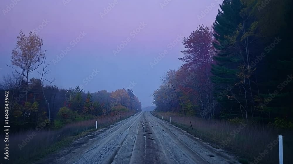 Serene gravel road flanked by trees showcasing autumn colors under soft purple sky, capturing tranquility of nature and beauty of landscape in peaceful solitude. Serene gravel road flanked by trees showcasing autumn colors under soft purple sky, capturing tranquility of nature and beauty of landscape in peaceful solitude.