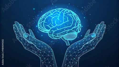 Two human hands are holds human brain. Support healthy brain concept. Wireframe glowing low poly design on dark blue background. Abstract futuristic vector illustration.