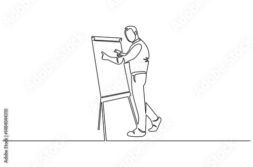 Continuous one line drawing of Young Male presenting his report in whiteboard. Single line drawing illustration of Presentation. Business strategy concept vector art. Doodle line illustration.