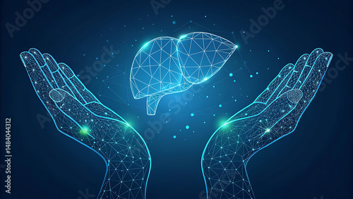 Two human hands are holds human liver. Support healthy liver concept. Wireframe glowing low poly design on dark blue background. Abstract futuristic vector illustration.    