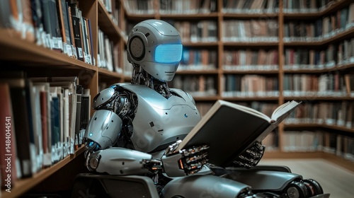 A robotic reader immersed in a library filled with books.