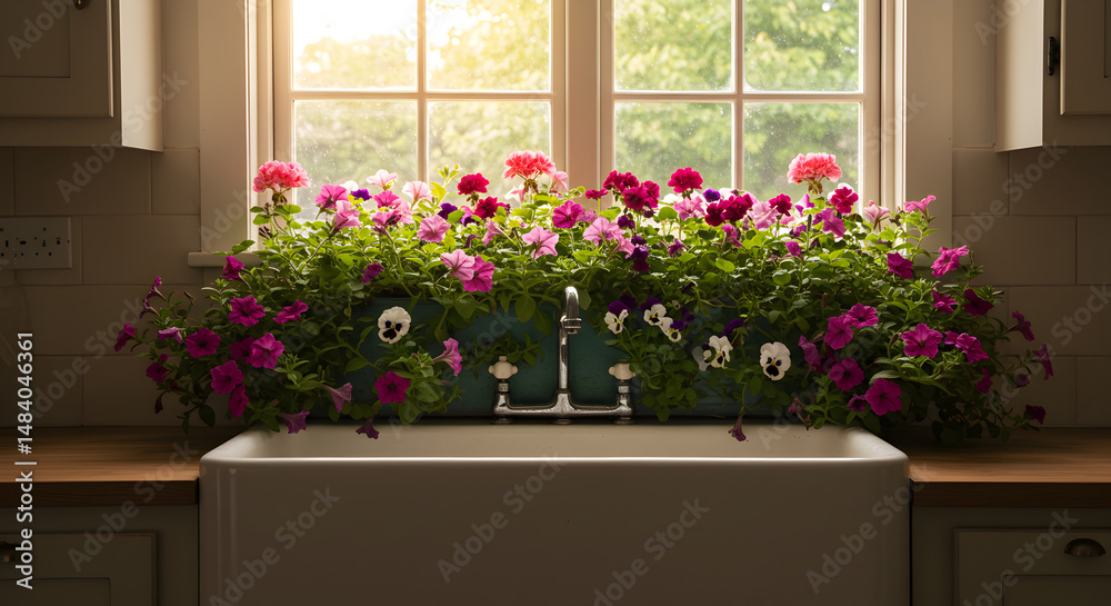 Fototapeta premium Windowside Serenity Colorful Petunias Adorn Kitchen Sink in Warm Sunlight