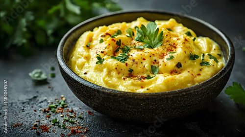 Salsa de Huevo, Egg Sauce creamy egg-based sauce in small ceramic dish, soft yellow tone, muted soft background