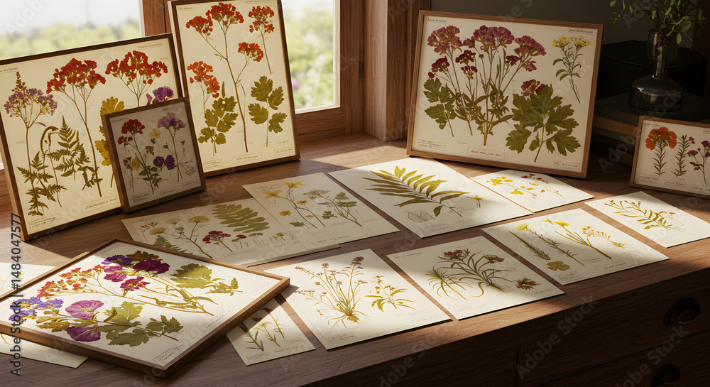 Obraz premium Collection Of Botanical Art Frames and Prints on Wooden Table by the Window