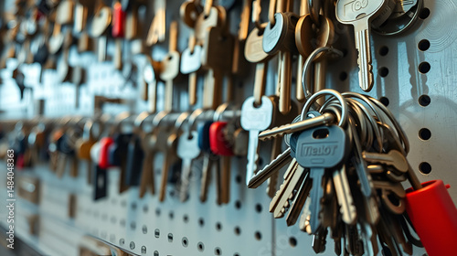 Pan shot across a wall full of keys and pull focus onto a stack of keys