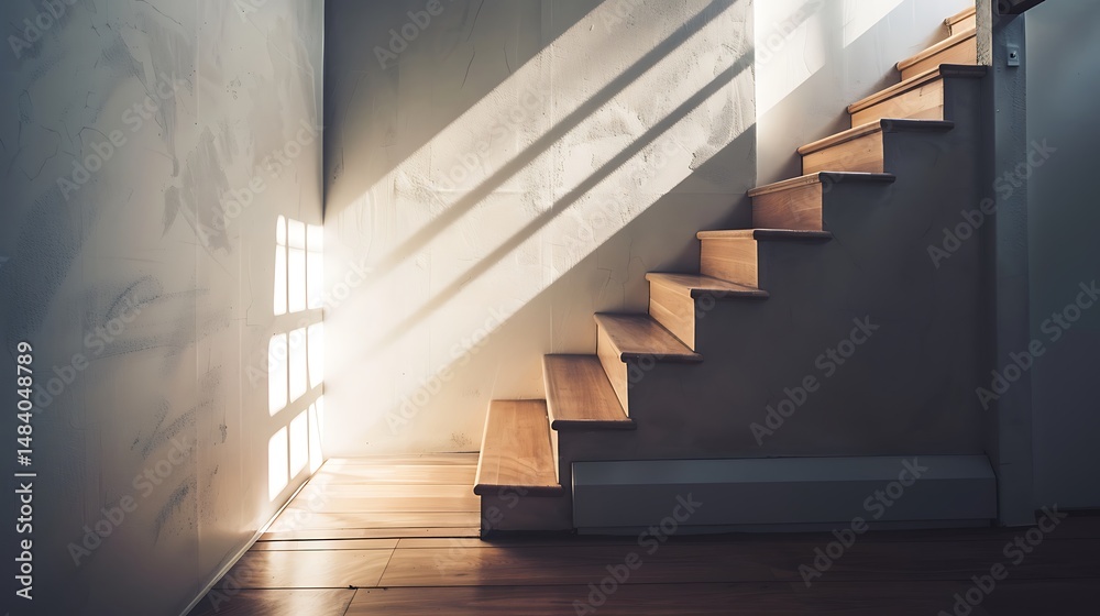 Wooden Staircase With Bright Sunlight And Shadows In Modern Interior Design Wooden Staircase With Bright Sunlight And Shadows In Modern Interior Design