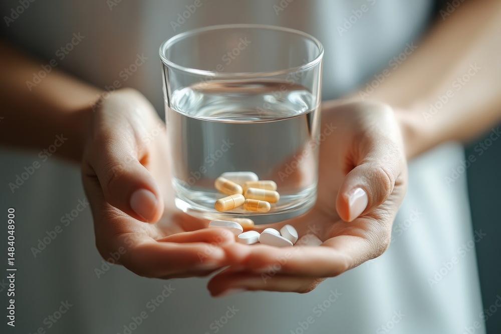 Woman holding a glass of water with pills in it and in her hands ready to take medication Woman holding a glass of water with pills in it and in her hands ready to take medication