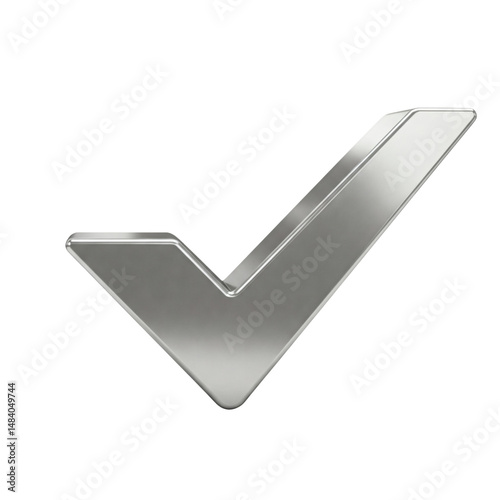 Silver metallic check mark on transparent background