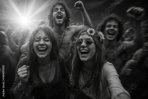 Crowd enjoying Woodstock Festival in the 1960s, surrounded by music, flower power, peace symbols, and euphoric celebration of freedom and love.

