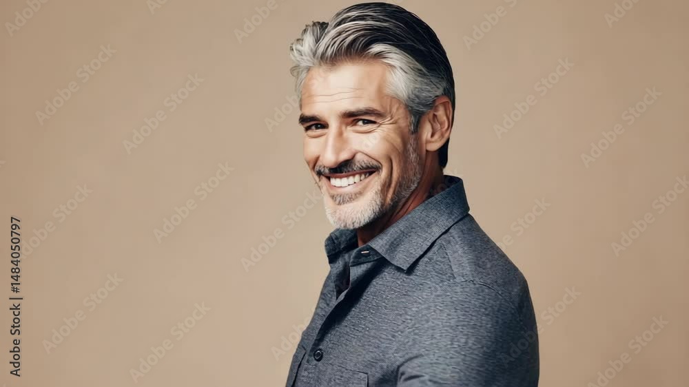 Confident grey haired businessman posing with professional demeanor in studio setting, displaying range of genuine expressions and representing corporate success through engaging portrait