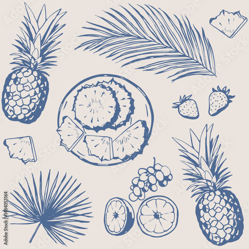 Exotic fruits hand drawn seamless pattern. Summer doodle. Line art illustration of pineapple, oranges, strawberries. One color graphic background elements.