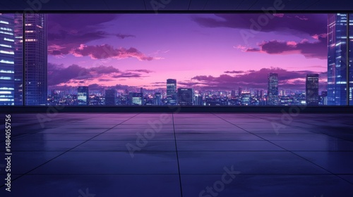 Empty concrete floor with panoramic city view background in the evening. Mockup concept for product display presentation