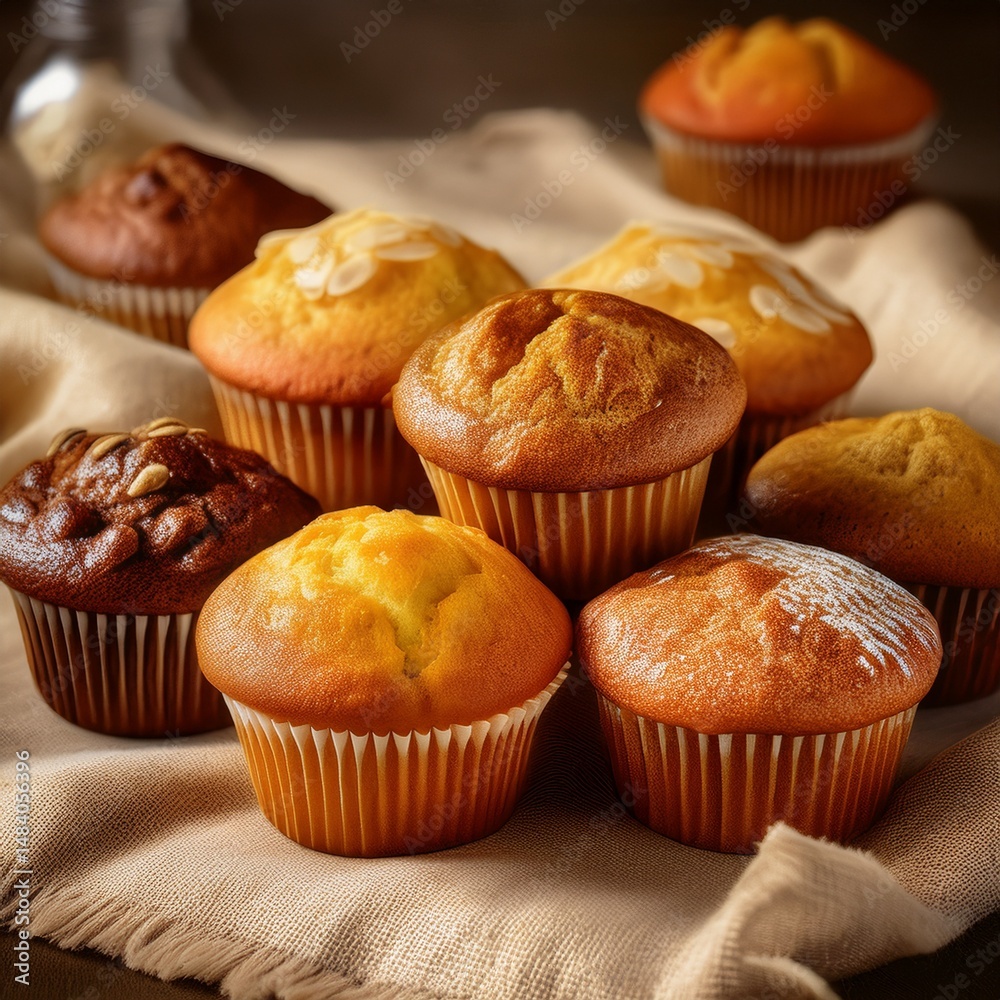 Auswahl frisch gebackener Muffins auf Leinenhintergrund Auswahl frisch gebackener Muffins auf Leinenhintergrund