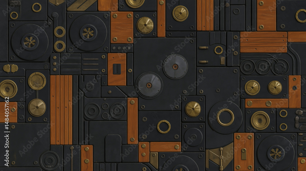 Obraz premium A detailed industrial-style collage pattern made of black metal and warm brown wooden elements arranged in a geometric composition.