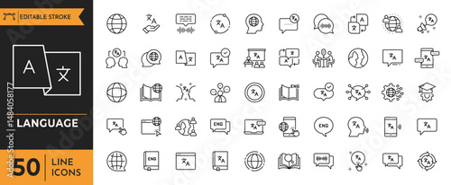 Language line icon set. Contain icons related to International Languages, Translation, Speaking, Writing, Listening, and More. Editable stroke. Vector illustration
