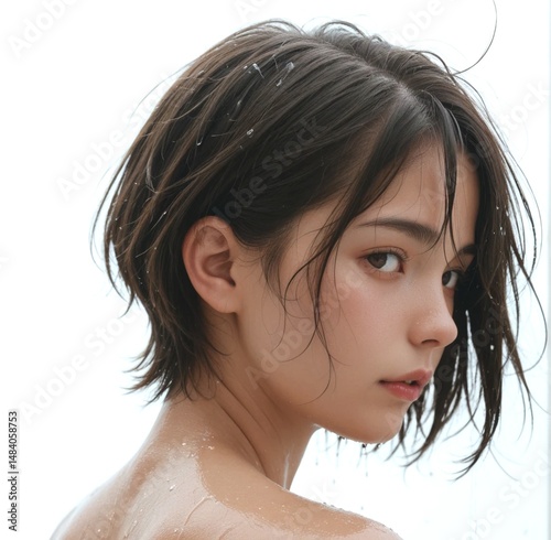 Close-up portrait of a wet-haired woman