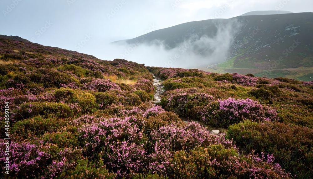 Fototapeta premium Highland moor with wild heather and rolling fog