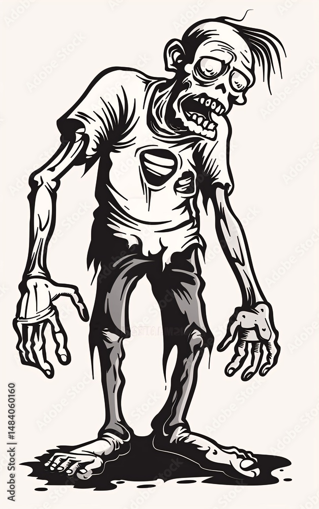 Fototapeta premium A zombie stands upright, mouth open, wearing casual clothing and bare feet, in a simple background.