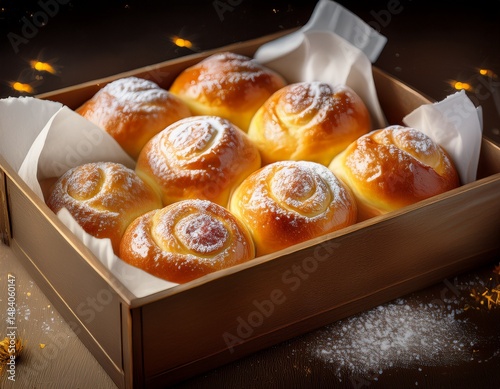 Goldbraune Hefebrötchen mit Puderzucker in einer Schachtel