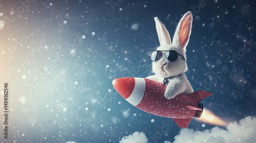 Whimsical white rabbit pilots a rocket ship through the cosmos.