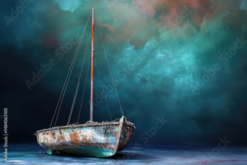 A weathered sailboat sits on the shore, its rusty hull contrasting with the dreamy, blue-green sky backdrop, evokes a sense of forgotten maritime history.