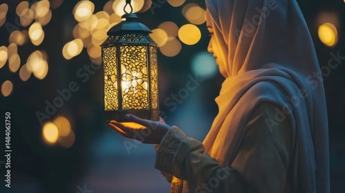 A woman in a hijab gently holds a lit lantern, bathed in the warm glow of bokeh lights, creating a serene and peaceful atmosphere.