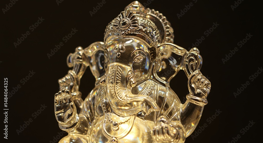 Obraz premium Elegant Crystal Ganesha Statue with Elephant Head and Intricate Details on Dark Background Symbolizing Hindu Divinity and Asian Spiritual Tradition