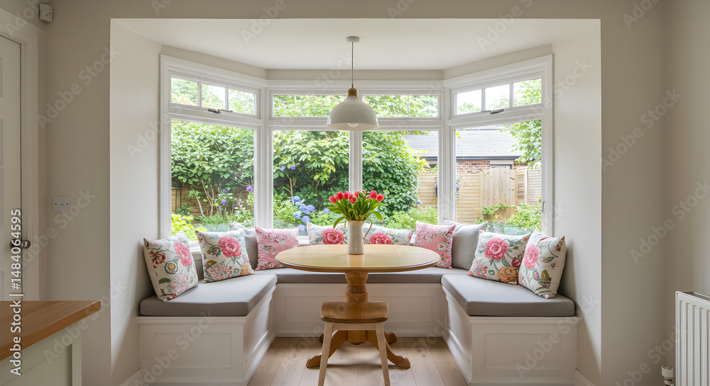 Fototapeta premium Charming Nook Featuring Built-In Seating And Lush Exterior View With Tulips