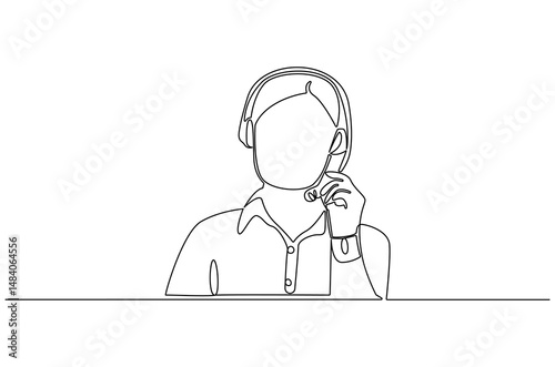 Continuous one line drawing of Young woman with headphones. Single line drawing illustration of Woman call center agent. Customer service concept vector art. Doodle line illustration.