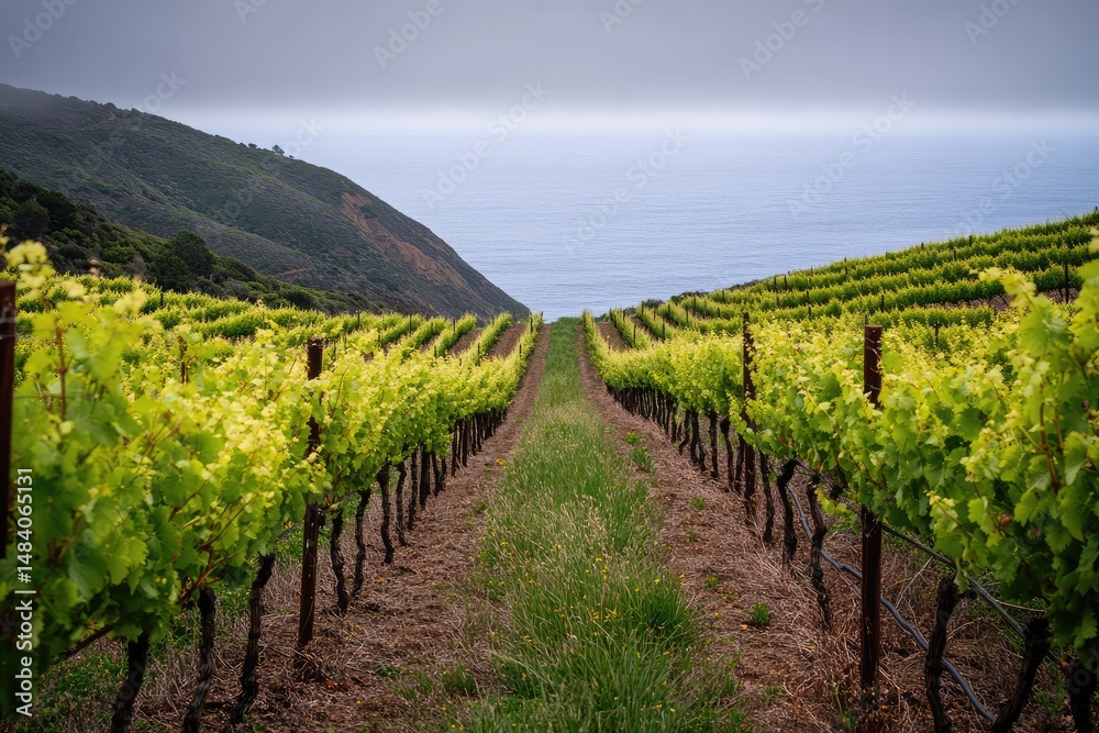 Naklejka premium Vineyard rows lead to the ocean on a foggy day, with green hills in the background, creating a tranquil scene.