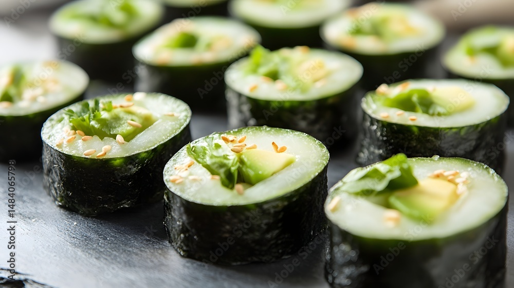 Fresh cucumber and avocado sushi rolls arranged on a dark surface. Fresh cucumber and avocado sushi rolls arranged on a dark surface.