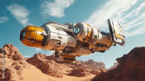Futuristic Spaceship Soaring Over an Alien Desert