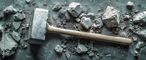 A heavy sledgehammer rests on a dark surface, surrounded by the gray rubble of broken stone. The image evokes a sense of strength and destruction.
