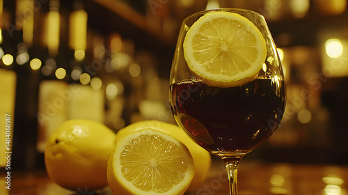 Tinto de Verano con Lim?n, Red Wine Summer Drink with Lemon refreshing tinto de verano with lemon slice in glass, vibrant red color, soft rustic background