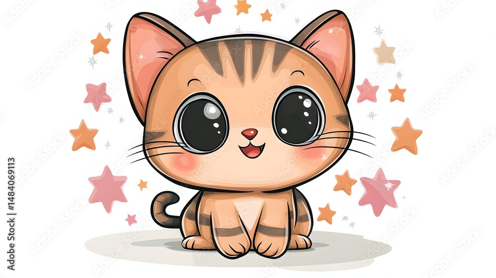 Fototapeta premium Adorable cartoon cat surrounded by stars.