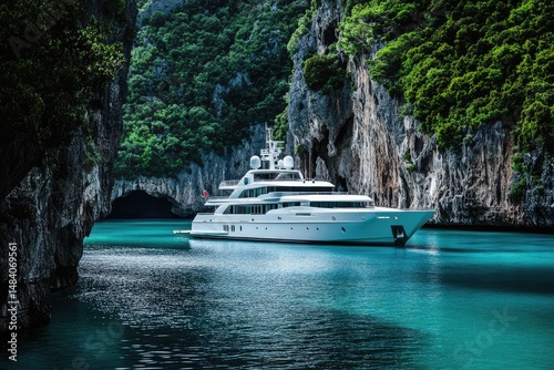 A luxury yacht cruises through turquoise waters, framed by dramatic cliffs and lush green vegetation on a tropical paradise landscape.