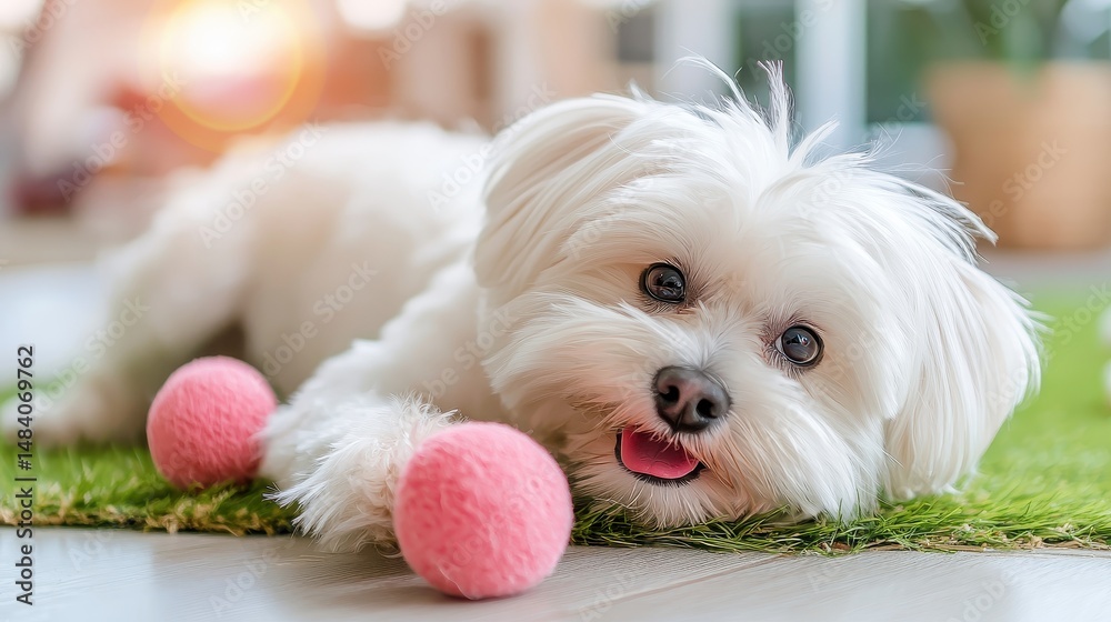 Adorable fluffy white small dog resting on green surface with pink balls Adorable fluffy white small dog resting on green surface with pink balls