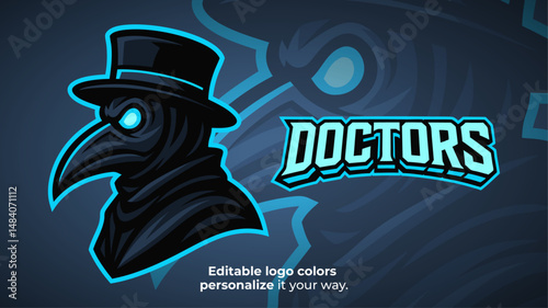 Cyber Plague Doctor Mascot Logo – Neon Blue Masked Character Vector for E-Sport, Horror and Fantasy Gaming Teams
