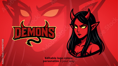 Female Demon Mascot Logo – Dark Seductive Red Devil Girl Vector for E-Sport, RPG and Fantasy Gaming Teams
