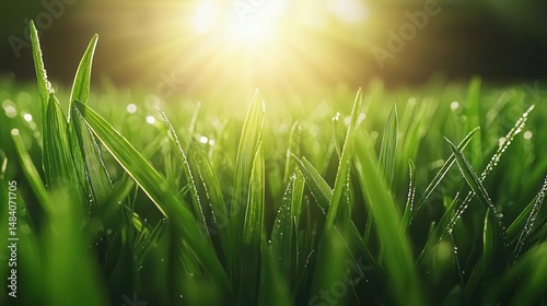 Closeup of dewcovered blades of grass in sunlight, shallow focus nature texture photo