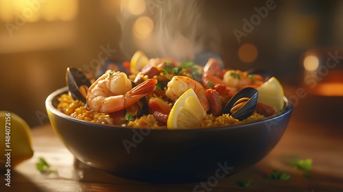 Steaming Seafood Paella with Shrimp and Mussels