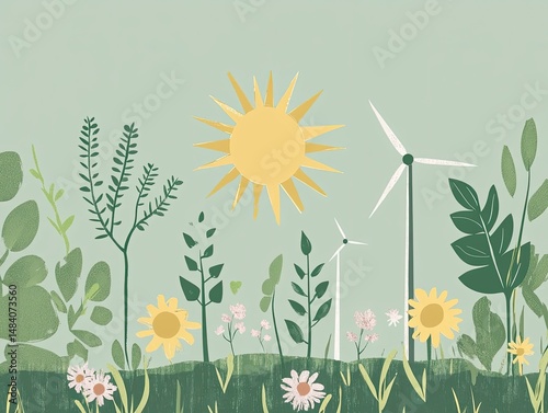 Renewable energy sources depicted in a peaceful, idyllic landscape. photo