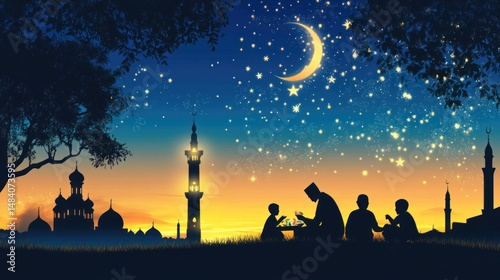 Starlit Night: A Muslim Family's Evening Prayer under the Crescent Moon