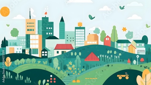 A vibrant, stylized cityscape nestled in a lush landscape.