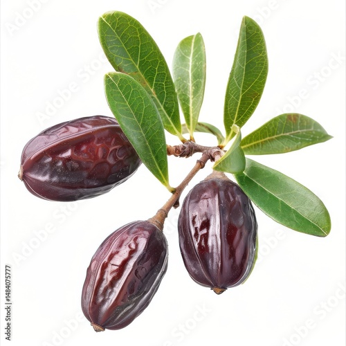Jojoba plant branch showcasing rich, dark seeds and lush green leaves on a clean backdrop