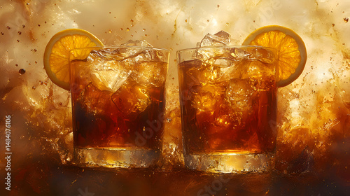 Vermut, Vermouth classic vermouth on ice with orange slice, rich amber color, muted elegant background