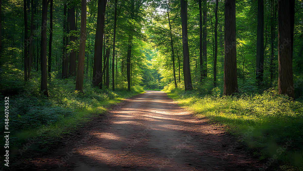 Fototapeta premium Sunlight dapples a path winding through a lush green forest. The scene is peaceful and serene, inviting exploration.