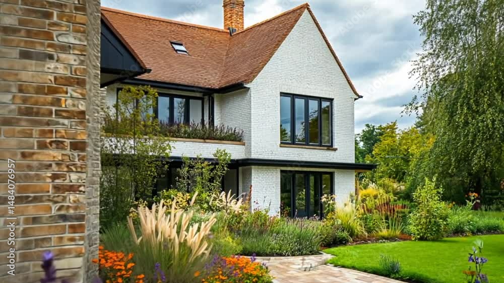 Modern house architecture, blending traditional architectural elements with contemporary design, featuring grand facade, large windows, manicured garden