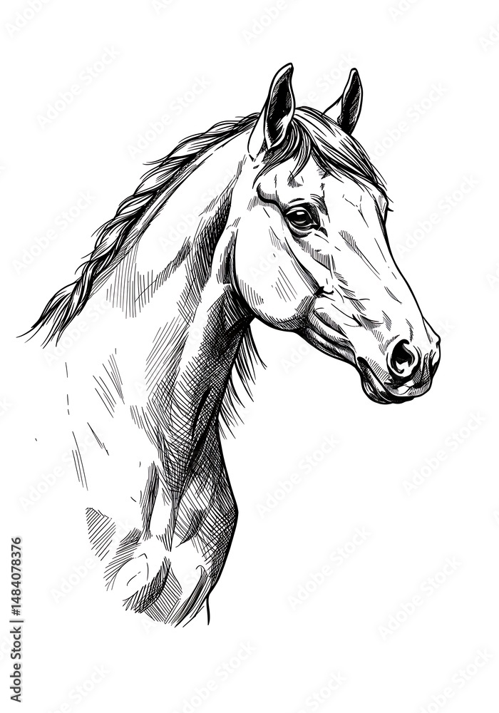 Fototapeta premium Elegant Horse Portrait: Monochrome Pen & Ink Sketch