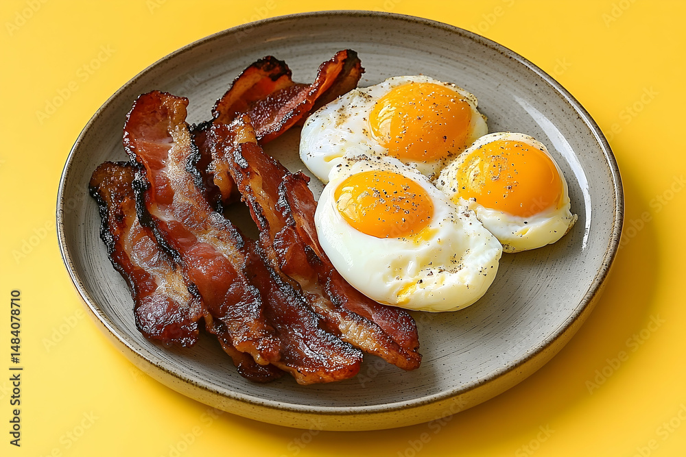 A plate of cooked bacon and fried eggs. A plate of cooked bacon and fried eggs.